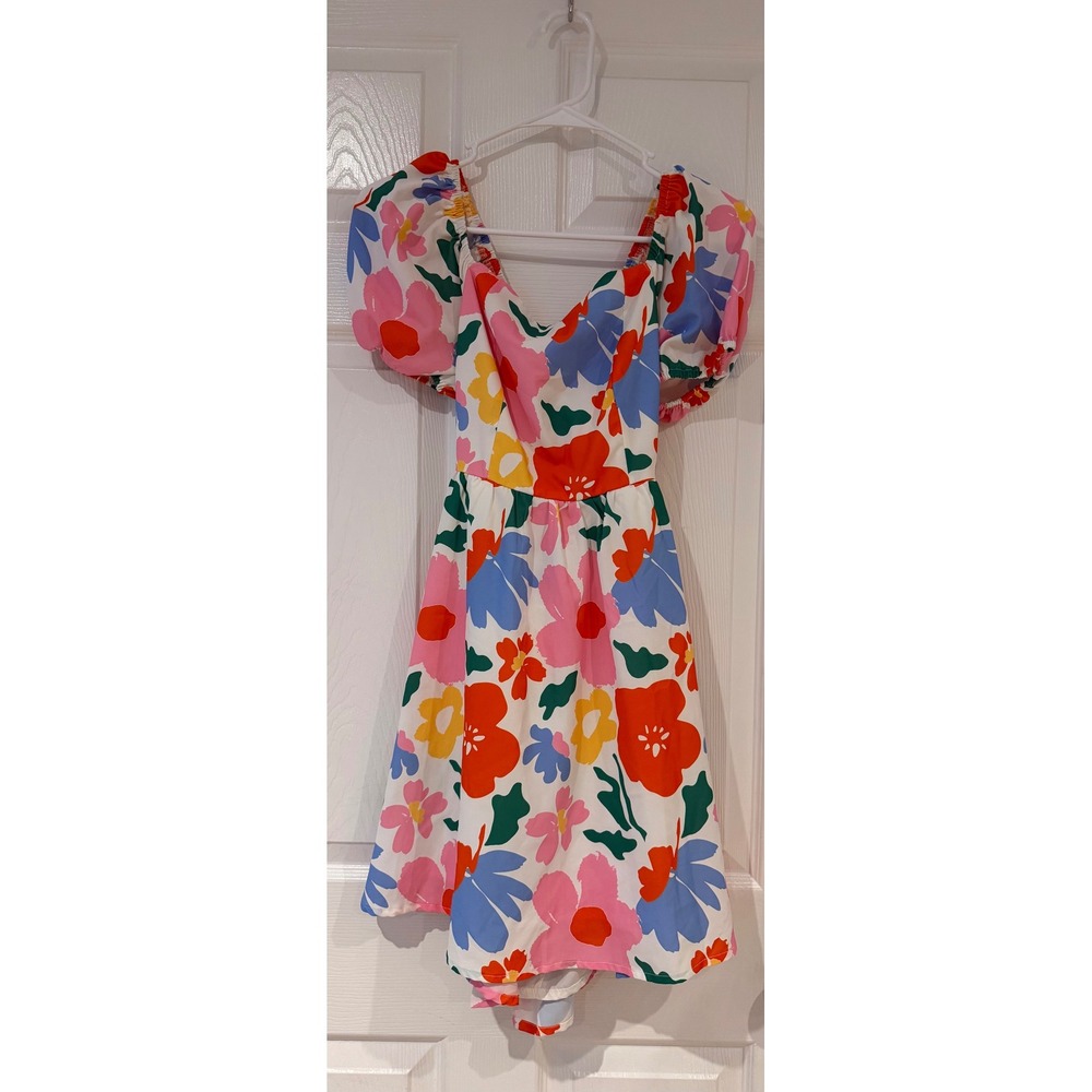 SHEIN Women Floral Puff Sleeve Back Bow Mini Dress Multi Color Size 6 Medium